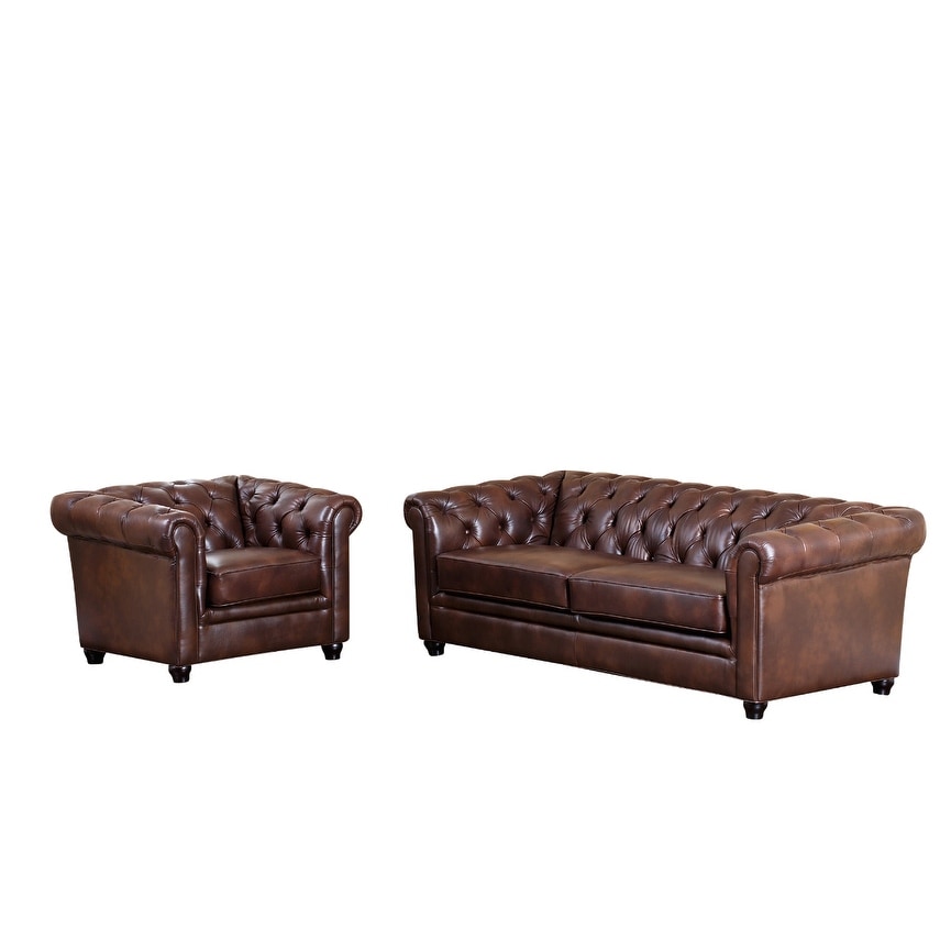 Abbyson Tuscan Leather Chesterfield 2 Piece Armchair and Sofa Set