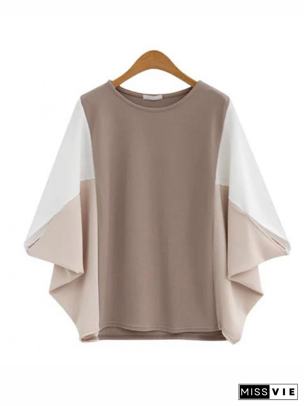 Batwing Sleeves Loose Contrast Color Split-Joint Round-Neck T-Shirts Tops