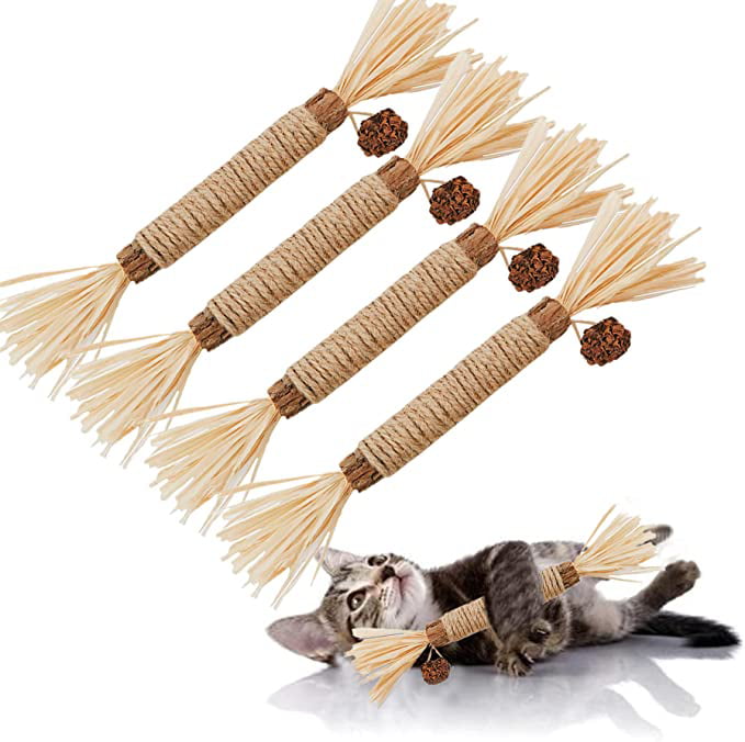 Carkira Catnip 4 Pieces Silver Vine Cat Chew Toys Cats Clean Teeth Chews for Stress Relief