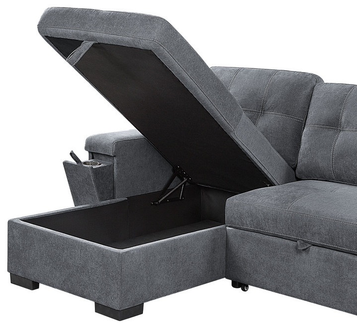 Toby Gray Woven Reversible Sleeper Sectional w/ Storage  Cupholder  USB Port   Transitional   Sleeper Sofas   by Lilola Home  Houzz