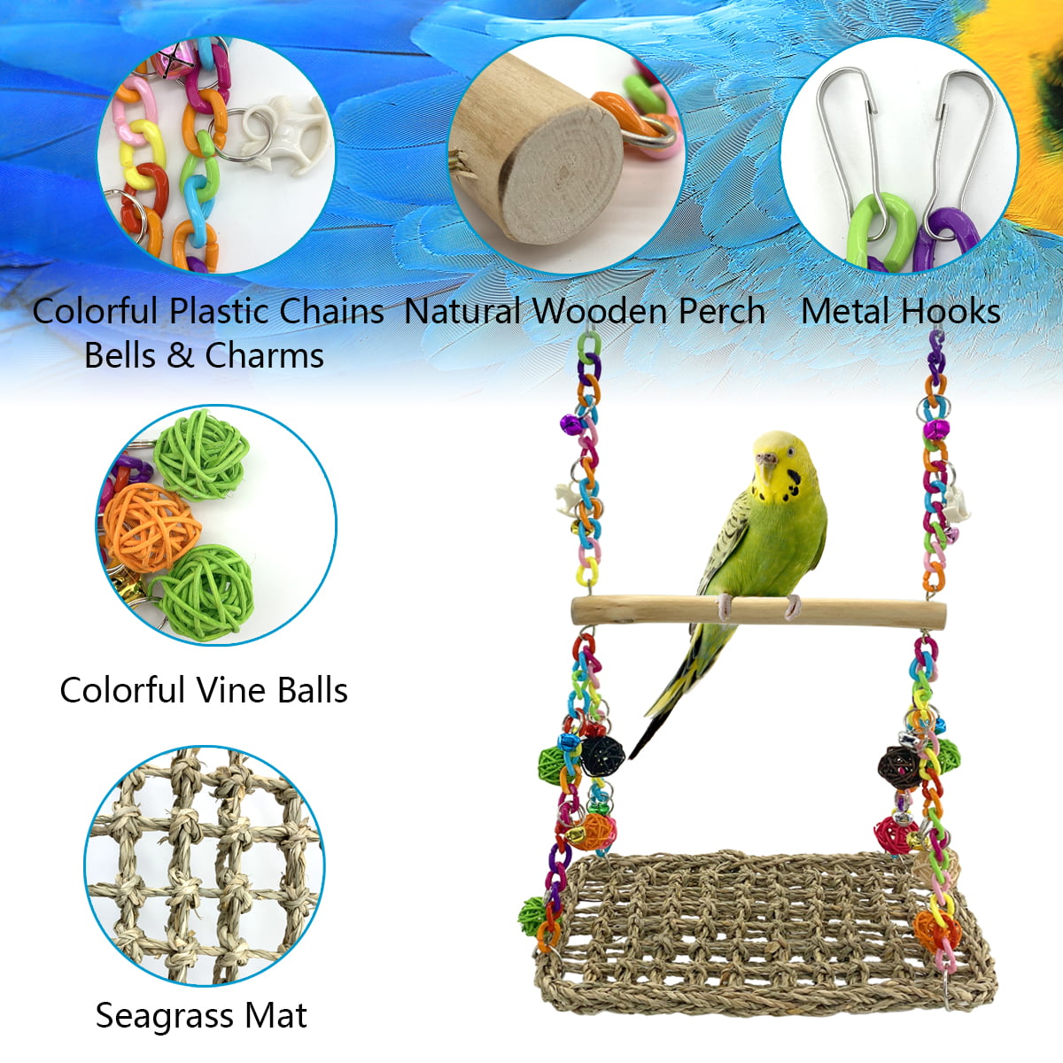 Bird Seagrass Swing Toys with Wood Perch Bird Parrot Trapeze Swing Seagrass Bird Climbing Hammock Bird Perch Stand Chewing Toy for Lovebird， Cockatiel， Budgie， Conure Parrotlet， Parakeets