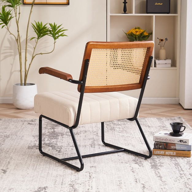 Ferpit Elegant Wicker Upholstered Accent Chair With Wooden Armrests