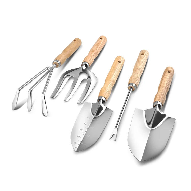 Stainless steel 5pcs planting garden hand tool set with wooden handle