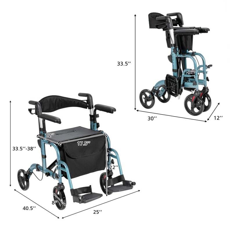 2 in 1 Rollator Walker Wheelchair Folding Medical Walker Rolling Transport Chair Mobility Walking Aid