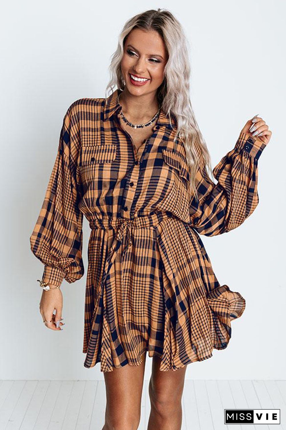 Orange Plaid Print Pocketed Drawstring High Waist Mini Dress