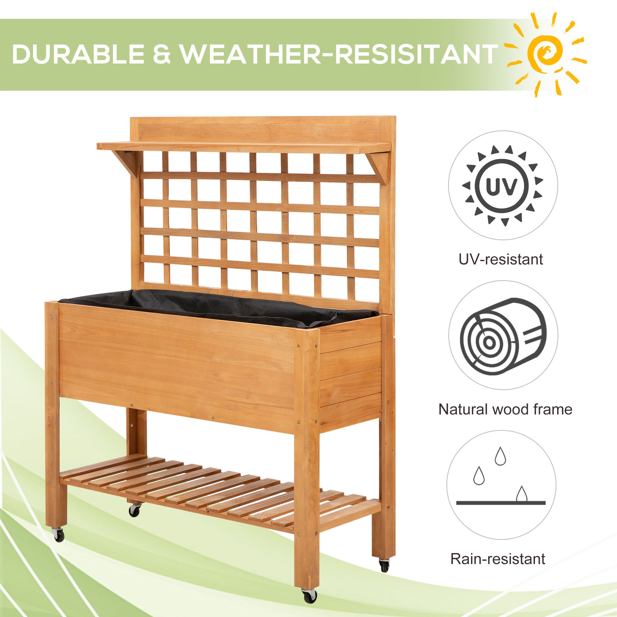 Outsunny 41" Raised Garden Bed with Trellis on Wheels, Wooden Elevated Planter Box with Legs and Bed Liner, for Flowers, Herbs & Vegetables, Brown