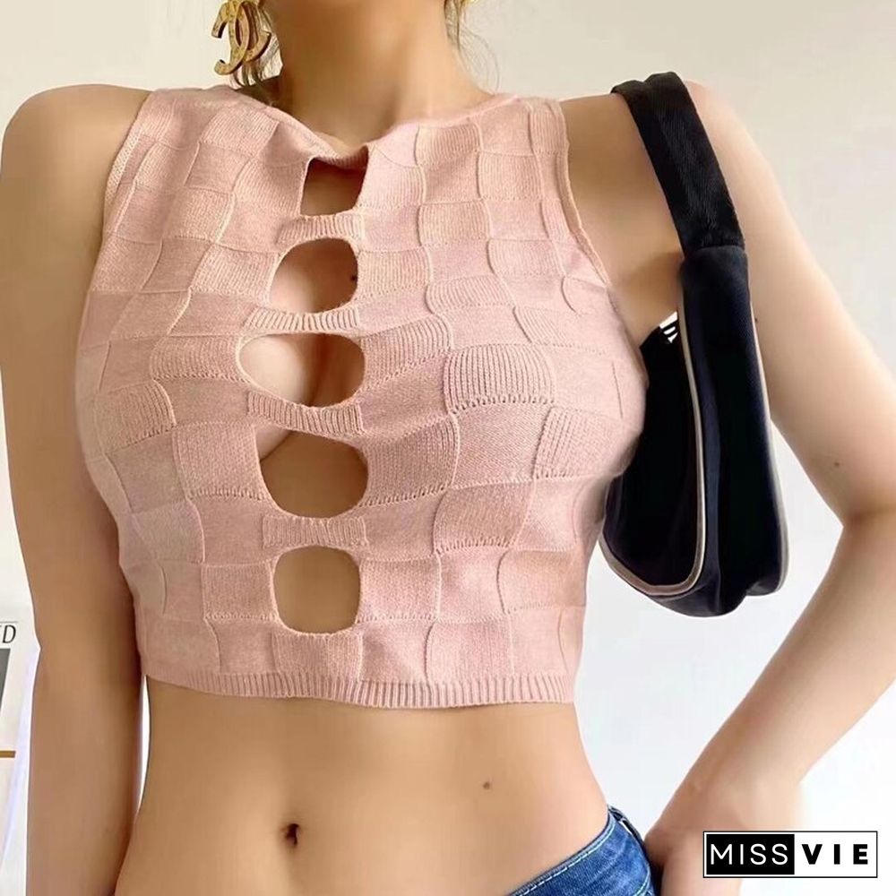 Sexy Hollow Out Crop Tops Women Summer Harajuku Cute Solid Tank Top Fashion Y2k Knitted Vest Casual Korean Streetwear Tops