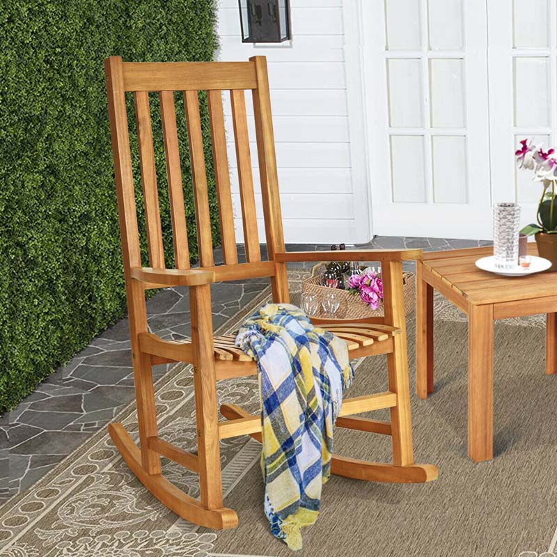 2 Pcs Acacia Wood Rocking Chairs High Back Outdoor Rocker for Porch Patio Lawn