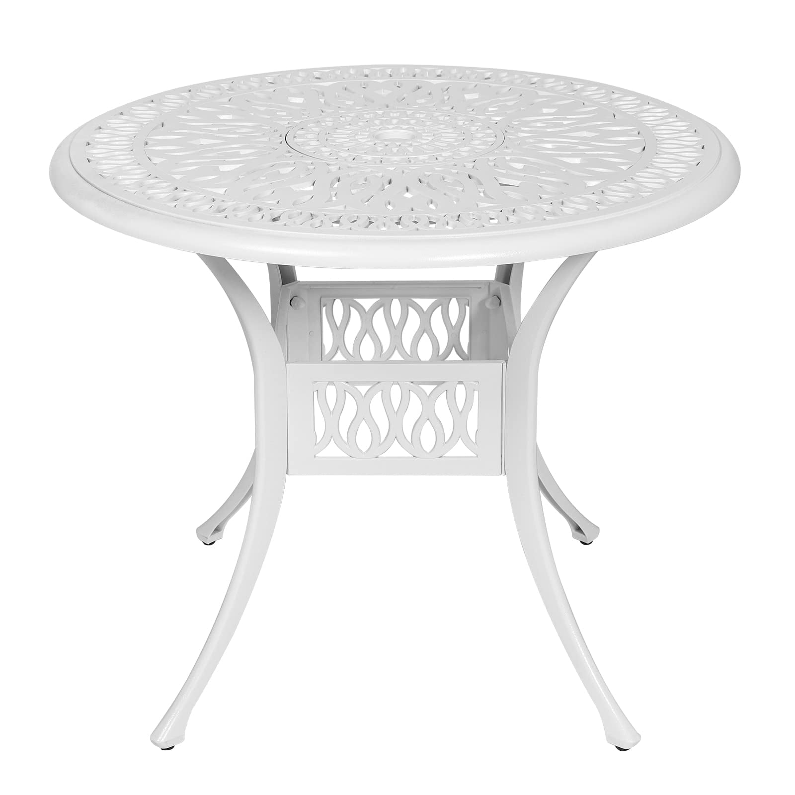 MEETWARM 35.4" Round Patio Dinning Table, Outdoor Cast Aluminum Dinning Table with 2" Umbrella Hole, White