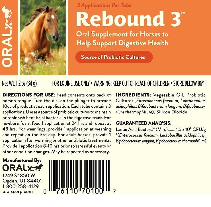 Oralx Rebound 3 Digestive Paste Horse Supplement， 1.2-oz syringe