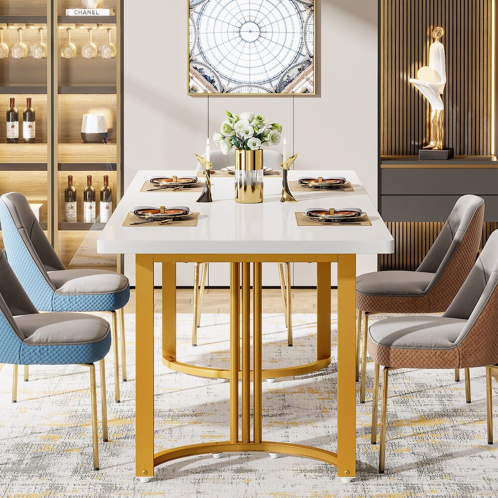 Modern Dining Table for 6 to 8  71 Inch White Kitchen Table with Gold Base  Rectangular Dinner Table for Dining Room