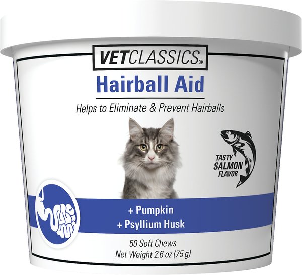 VetClassics Natural Hairball Digestive Aid Soft Chews Cat Supplement， 50 count