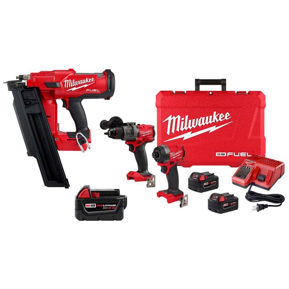 MW M18 3-12 in 21-Degree Cordless NailerM18 FUEL Hammer Drill  Impact Driver Combo Kit w 2 BatteriesM18 2.0 Ah Battery 2744-20-48-11-1850-3697-22