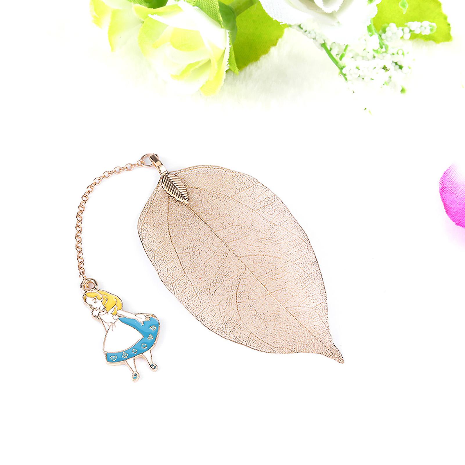 1pc Gold Metal Leaf Bookmark With Pendant For Book Paper Reading Alice