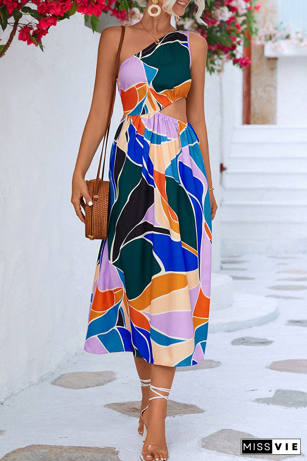 One Shoulder Cut Out Waist Floral Dress