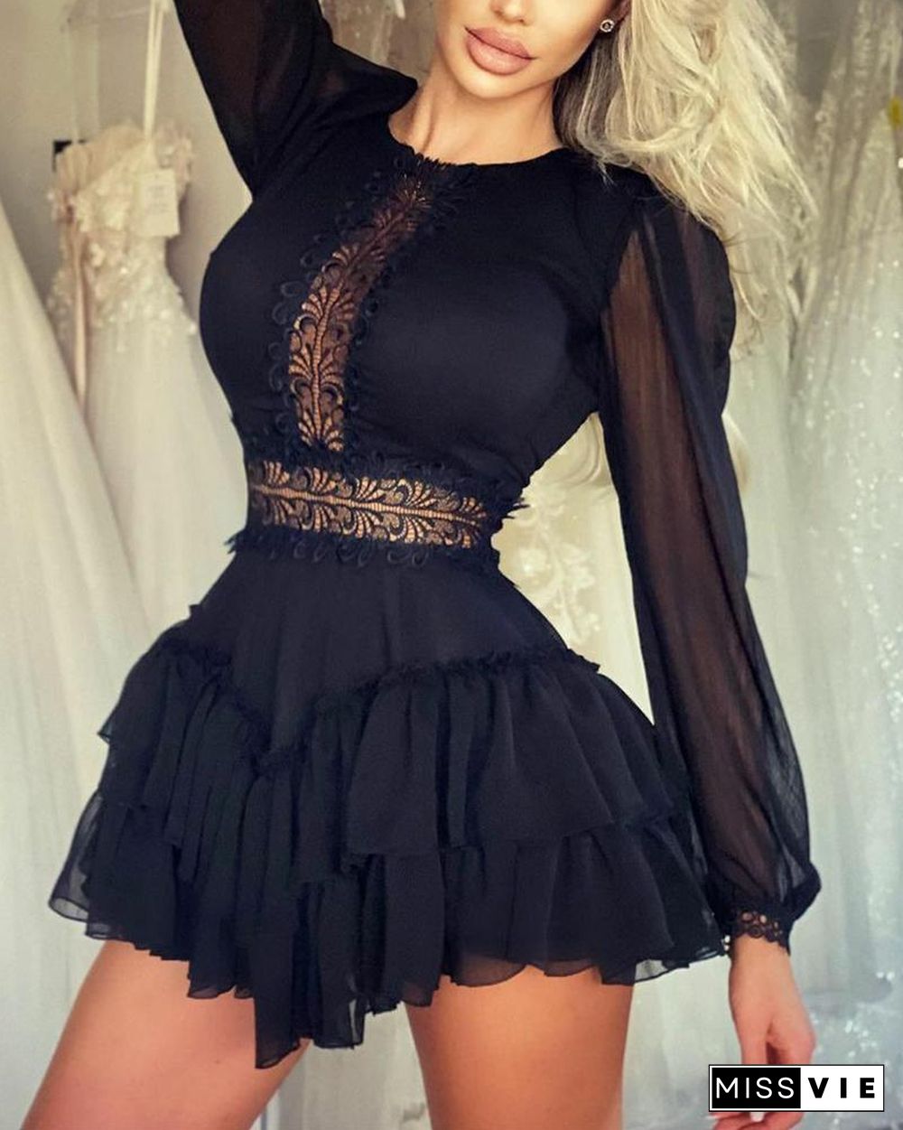 Stitching Lace Solid Color Long Sleeve Mini Dress P15486