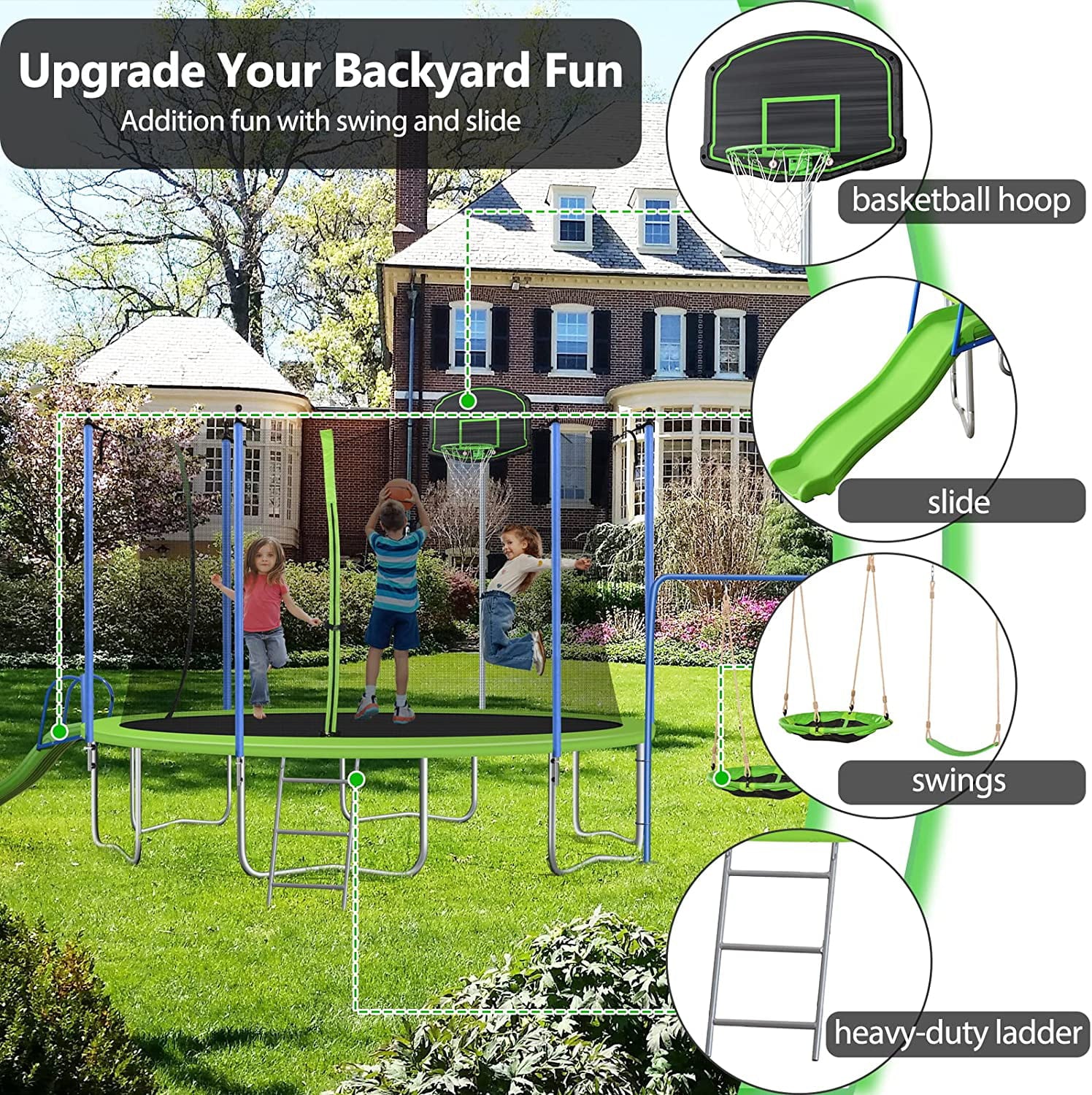 LISUEYNE 12ft Trampoline with Slide and Swing，Recreational Trampoline with Basketball Hoop and Ladder，Outdoor Fitness Trampoline for Kids Adults，1000 LBS Weight Capacity