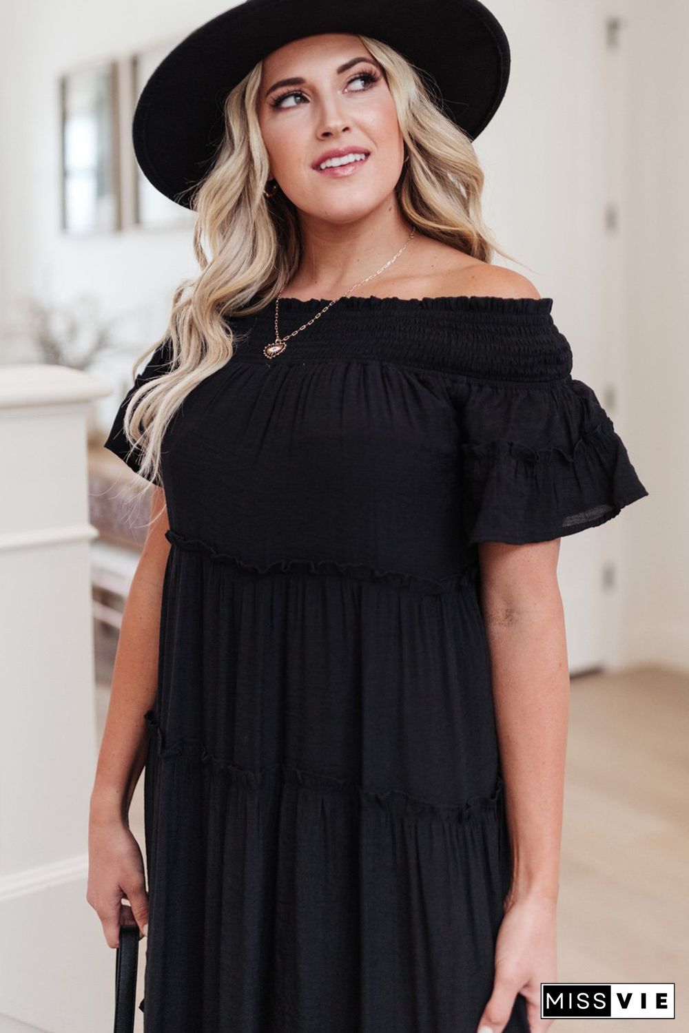 Black Plus Size Smocked Off Shoulder Frill Tiered Maxi Dress