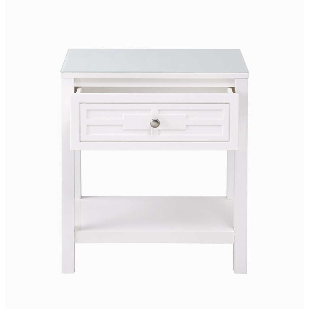 Wooden End Side Table Nightstand with Glass Top and Drawer