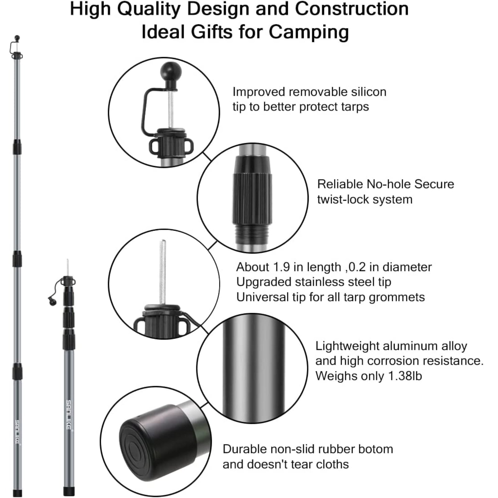 SAN LIKE Telescoping Tarp Poles 98.5in Aluminum Camping Tent Poles Camping poles for Hiking Lightweight Tent Poles for Tarp 4 Section Adjustable Tent Accessories Set of 2 &1 Bag