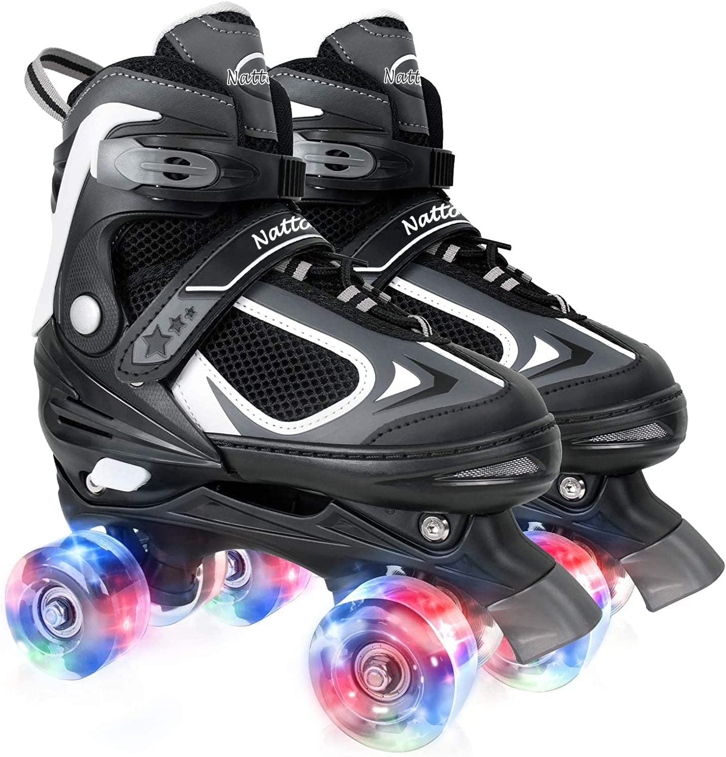 Nattork Kids Roller Skates for Boys Girls Childs 4 Sizes Adjustable Quad Skates with All Light up Wheels Black Small(10C-13C)