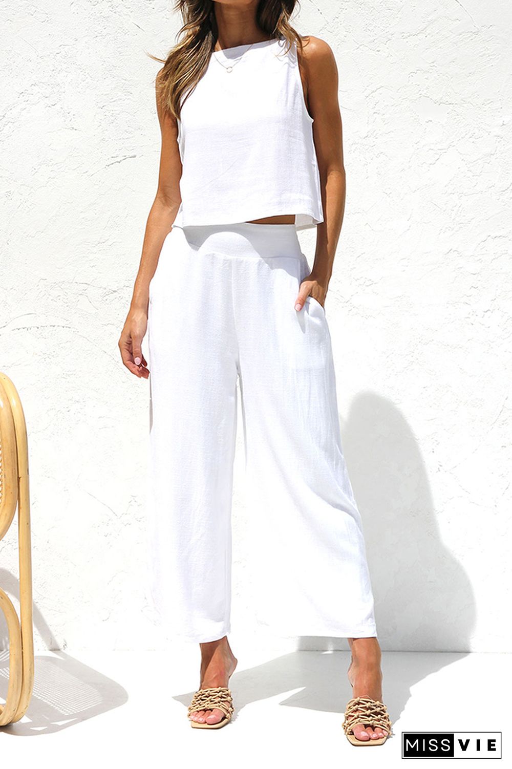 Plain Lien Tank Top With Wide Leg Pants 2pcs Set