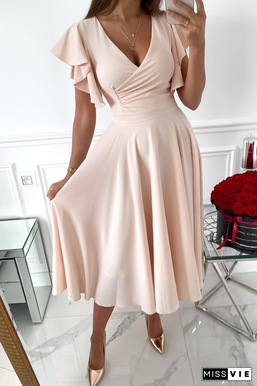 Casual Solid Flounce V Neck Cake Skirt Dresses(3 Colors)