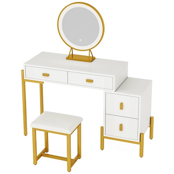 White Gold Vanity Desk with Lights and Mirror， Makup Vanity with Chair and Storage Cabinet - - 37839004