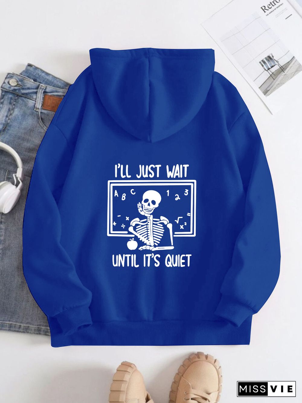 Printed on the Back Kangaroo Pocket Hoodie Long Sleeve for Women Pattern happy to see your face