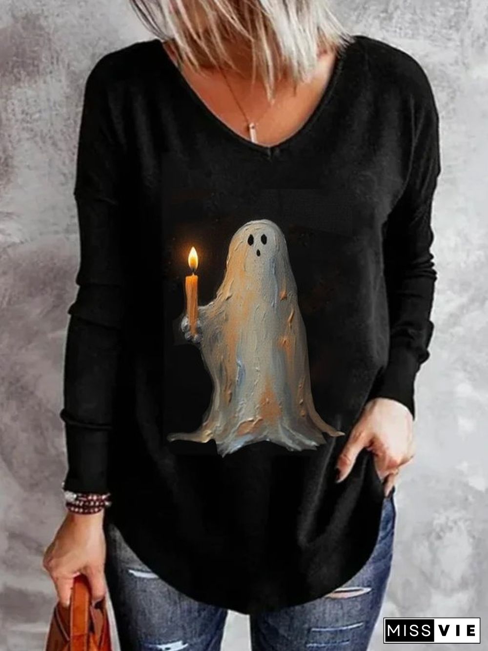 Casual Halloween V Neck Long Sleeve T-shirt