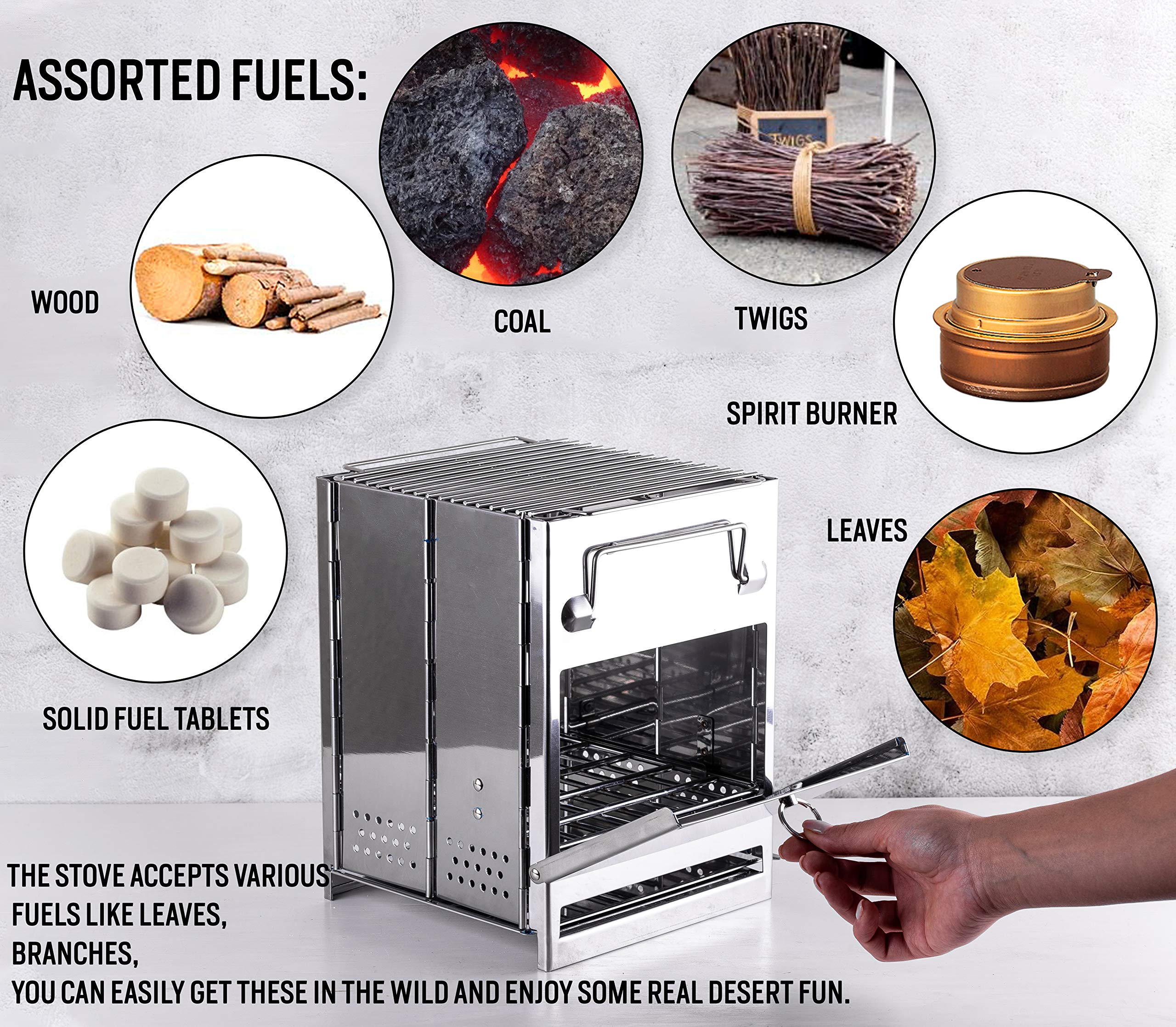 Zento Deals Wood Burning Folding Camp Stove, Stainless Steel, Foldable Grill Survival, Easy to Carry, Large Portable Backpacking for Hiking Camping and BBQ, for Grilling, Cooking, and Reheating