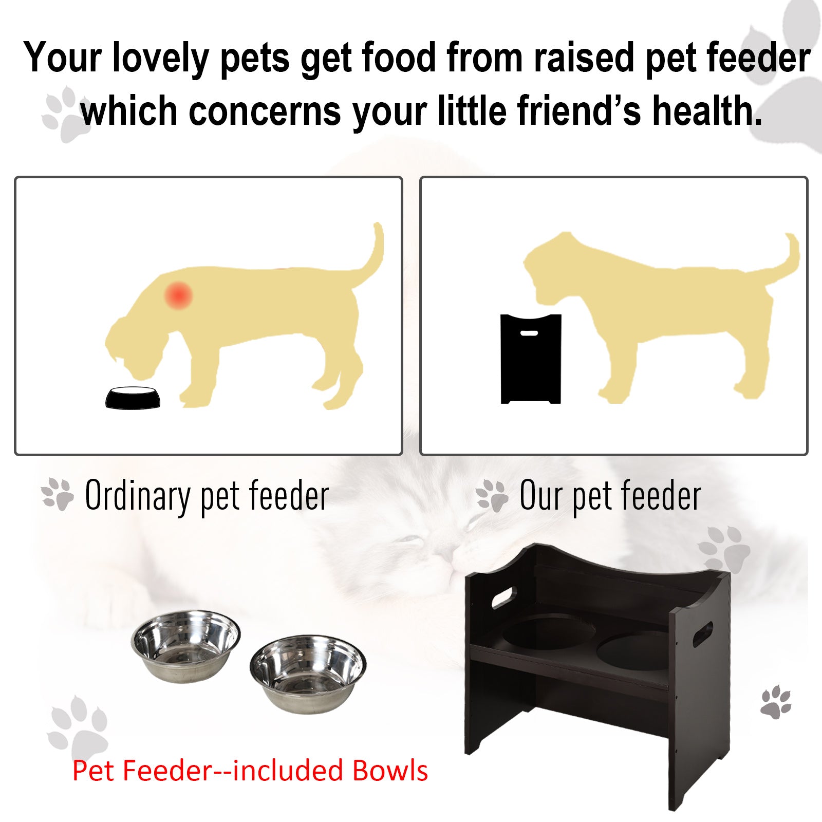 Pawhut Elevated Pet Food Feeder with 2 Stainless Steel Bowls, 3 Levels Adjustable Height Levels