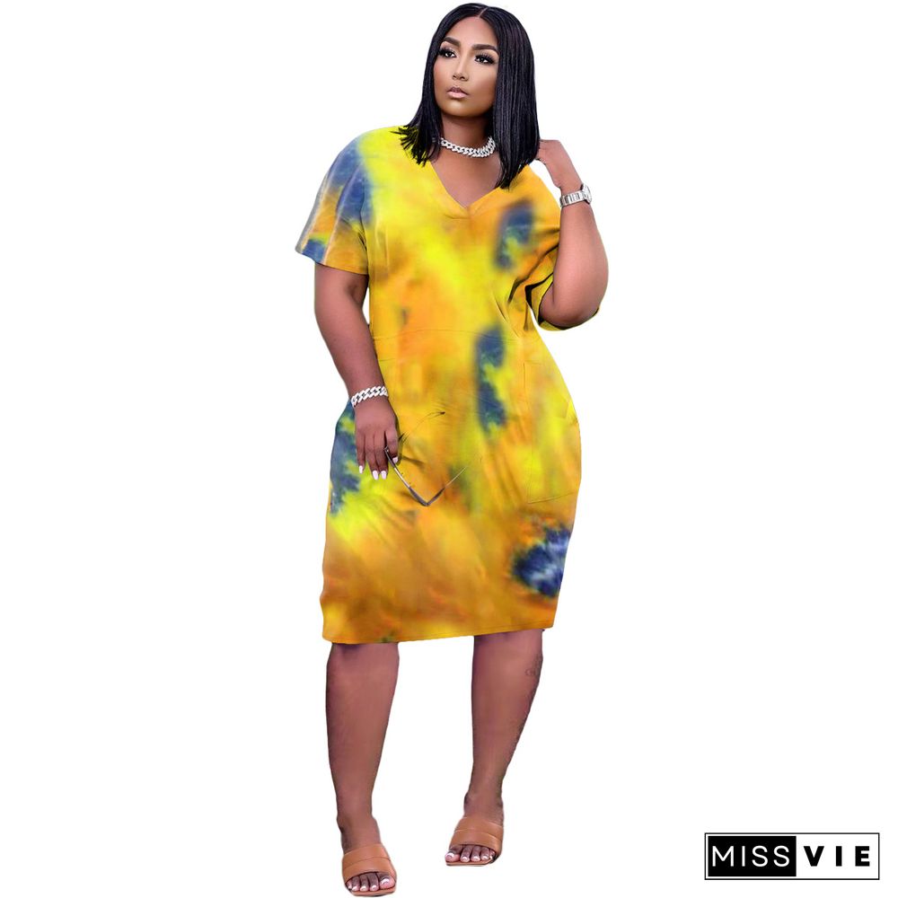 Women Tie Dye Print Short Sleeve V-neck Loose-fitting Midi Dress