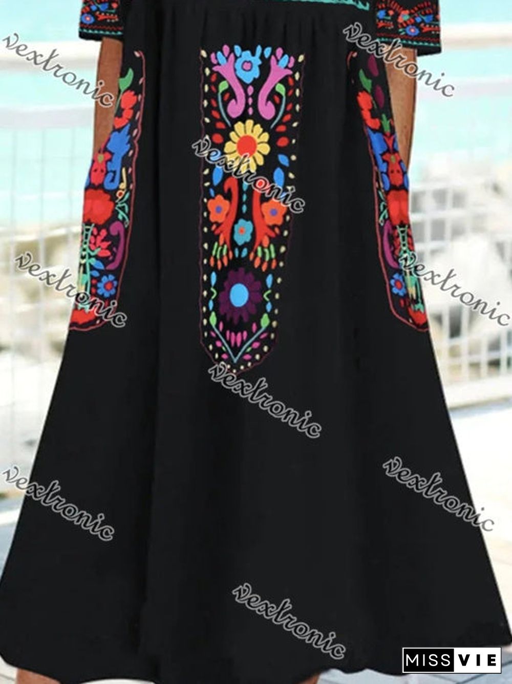 Women's Black V-Neck Half Sleeve Graphic Floral Printed Midi Dress