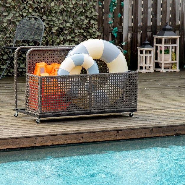 Outsunny Wheeled Patio Wicker Pool Float Storage Pool Caddy W Compartment amp Basket