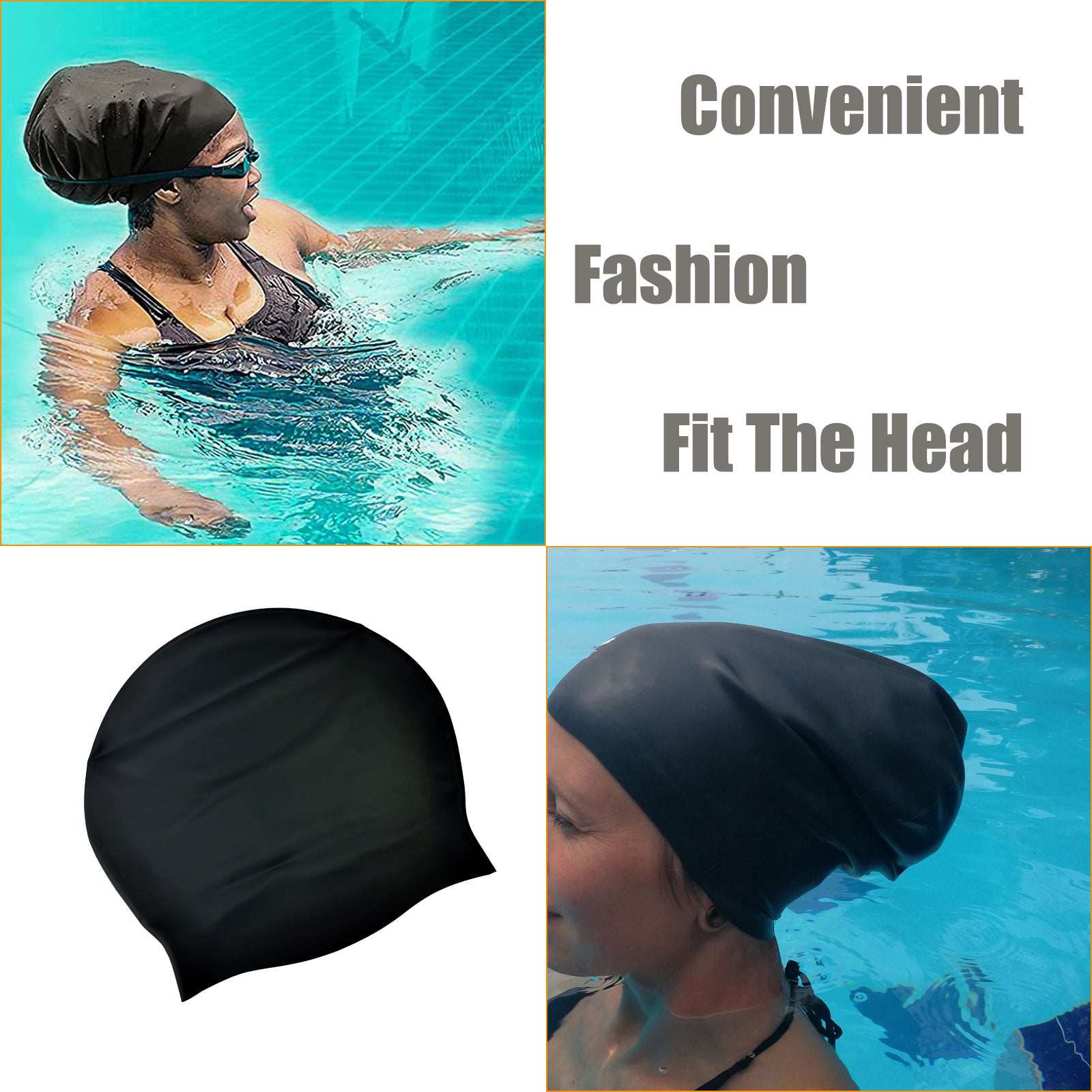 Long Hair Swim Cap Black Large Silicone Waterproof Swimming Cap for Dreadlock