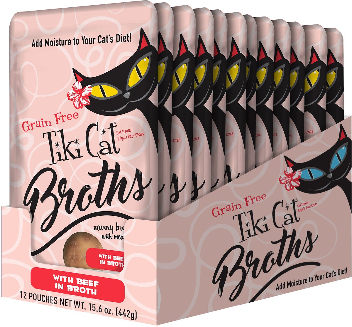 Tiki Cat Broths Beef in Broth with Meaty Bits Grain-Free Wet Cat Food Topper， 1.3-oz pouch， case of 12