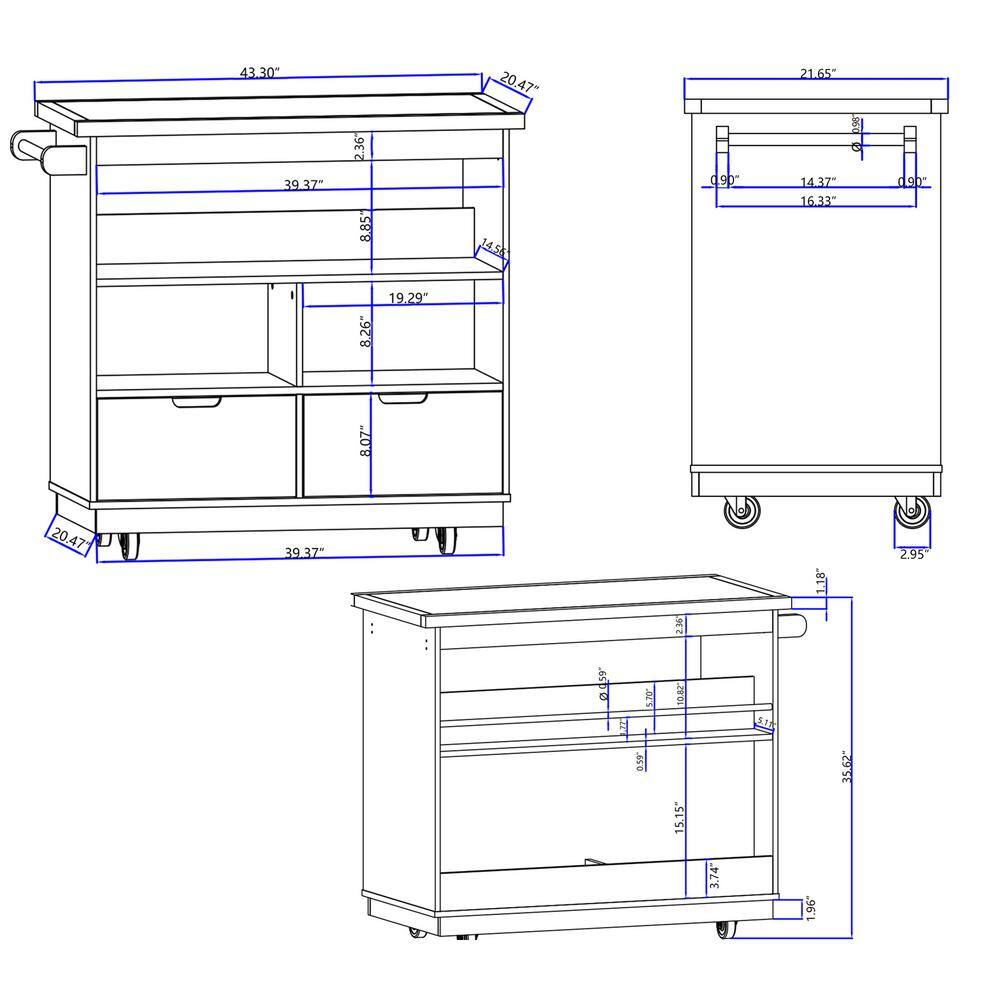 Tileon Blue Rolling Kitchen Island with Wood Top Kitchen Cart with Wheels 2-Drawers and 3 Open Shelves AYBSZHD255