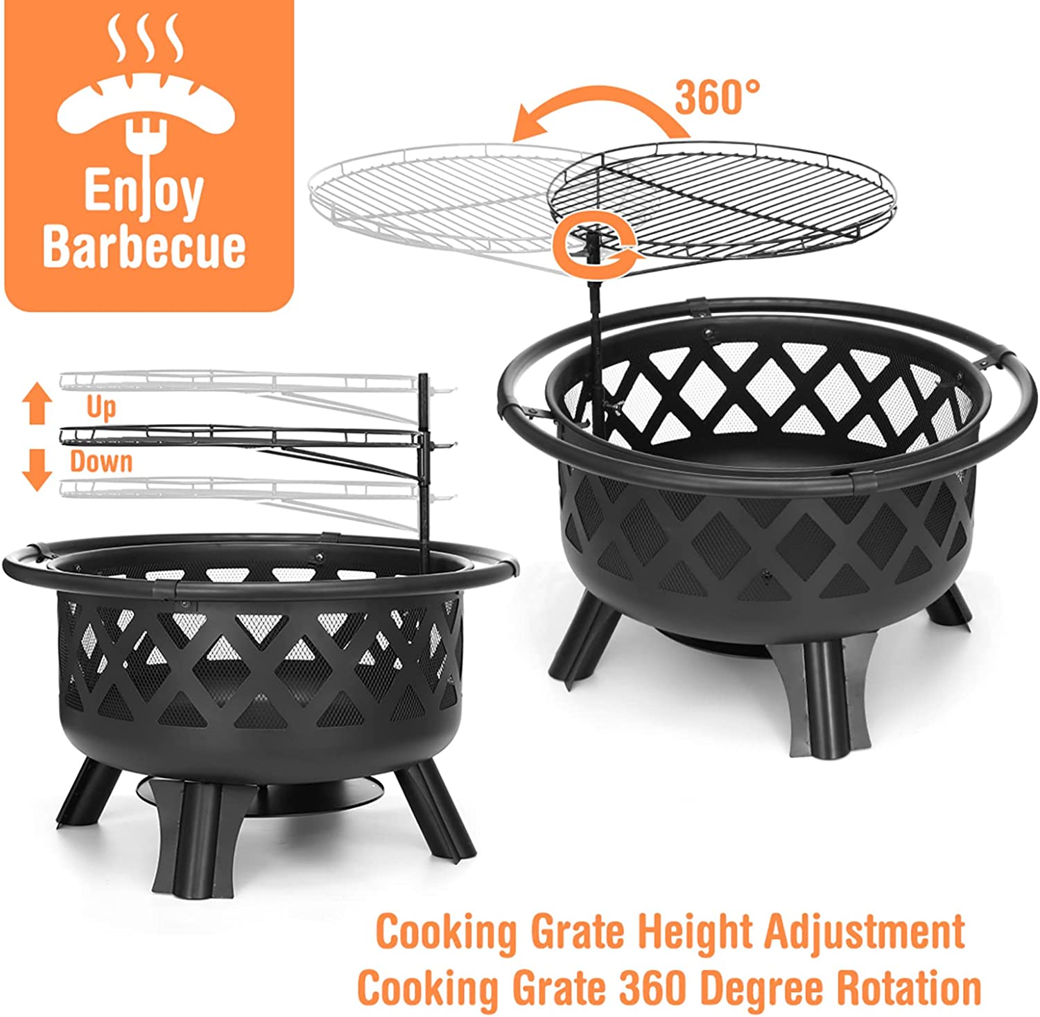 AKSG 2 in 1 Fire Pit with Cooking Grate 30'' Wood Burning Firepit Outdoor Fire Pits Steel Firepit Bowl Outside with Swivel BBQ Grill， Spark Screen， Poker for Backyard Garden Bonfire Patio