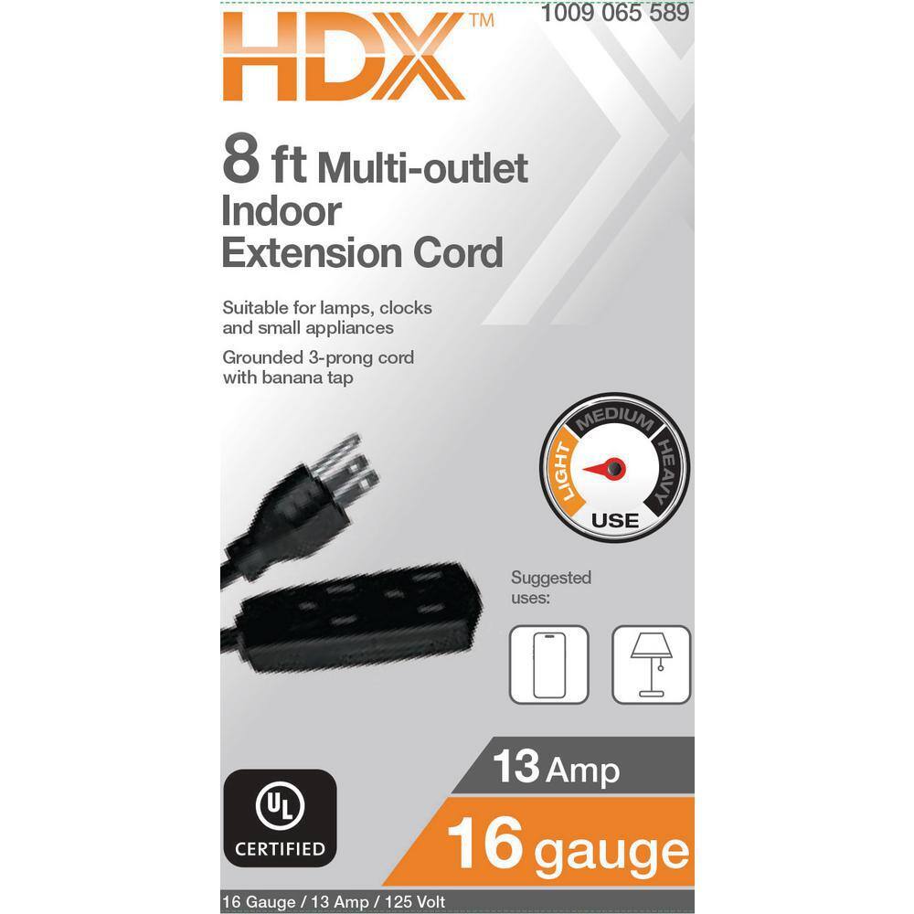 HDX 8 ft. 163 Light Duty Indoor Black Extension Cord with Banana Tap SPT2163008BLBA