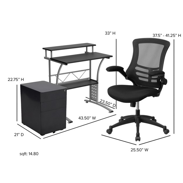 Flash Furniture Work From Home Kit Black Computer Desk Ergonomic Mesh Office Chair And Locking Mobile Filing Cabinet With Side Handles