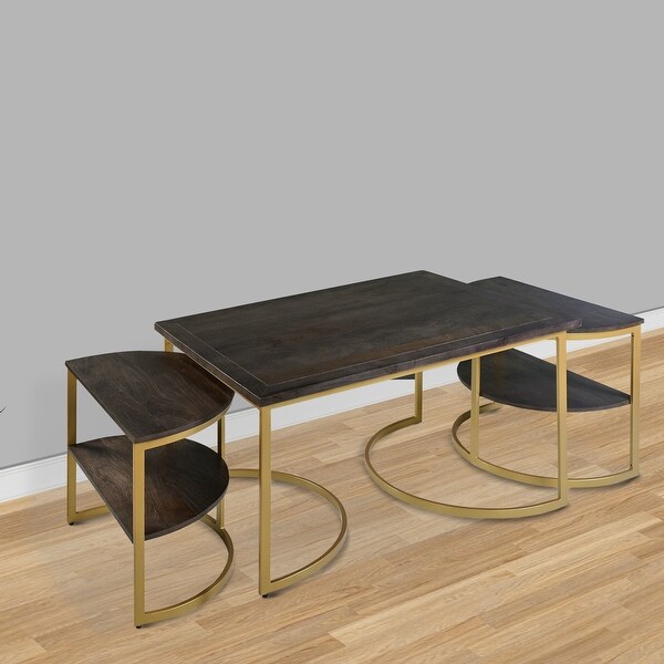 38 Inch Rectangle Metal Nesting Coffee Table - 3 Pcs Set for iving Room， Home， Office， Dark Brown， Gold