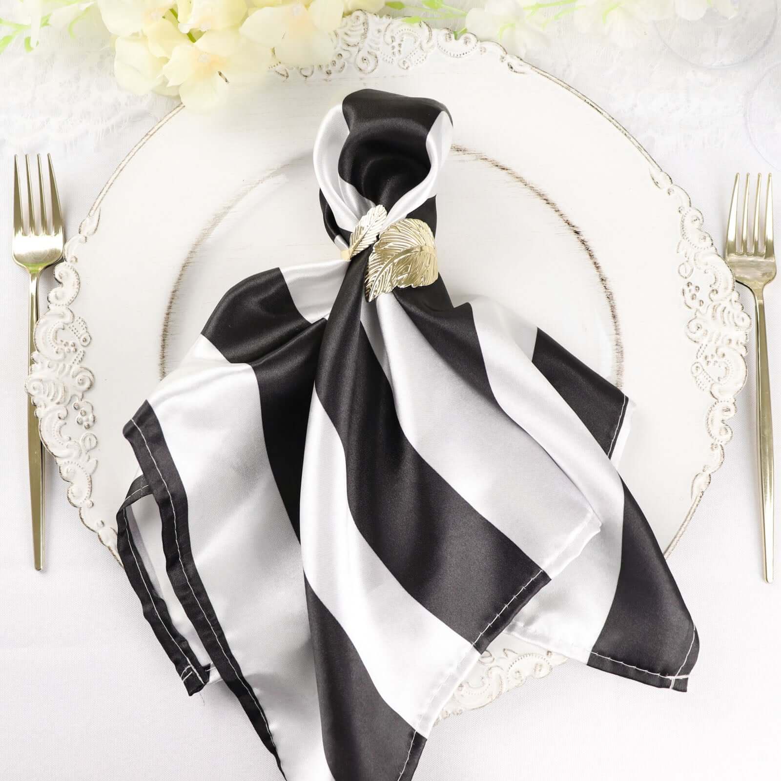 5 Pack Black and White Striped Satin Cloth Dinner Napkins 20