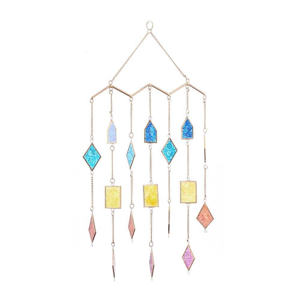 The Novogratz Multi Colored Metal Indoor Outdoor Geometric Windchime with Stained Glass