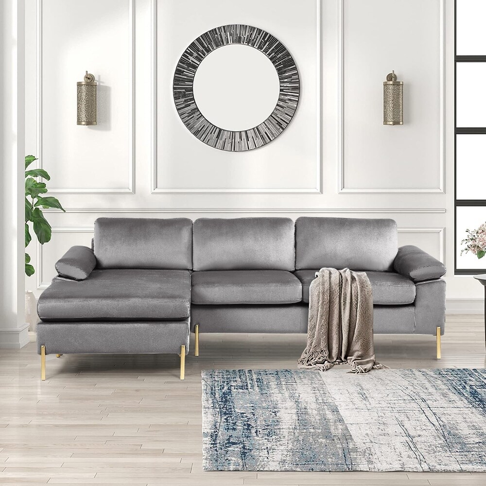 Modern Velvet Upholstered Sectional Sofa with Chaise and Metal Legs