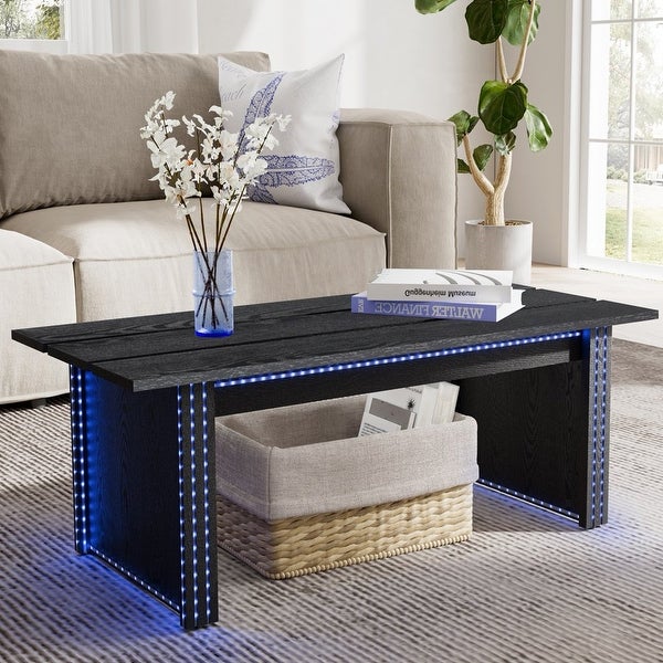 Farmhouse Wood LED 42 Inch Coffee Table， Black