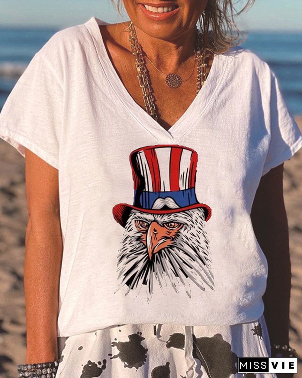 Eagle with Hat Print Casual Short Sleeve T-shirt