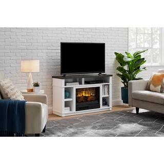 StyleWell Maynard 48 in. Freestanding Electric Fireplace TV Stand in White with Cappuccino Ash Grain Top HDFP48-56AE