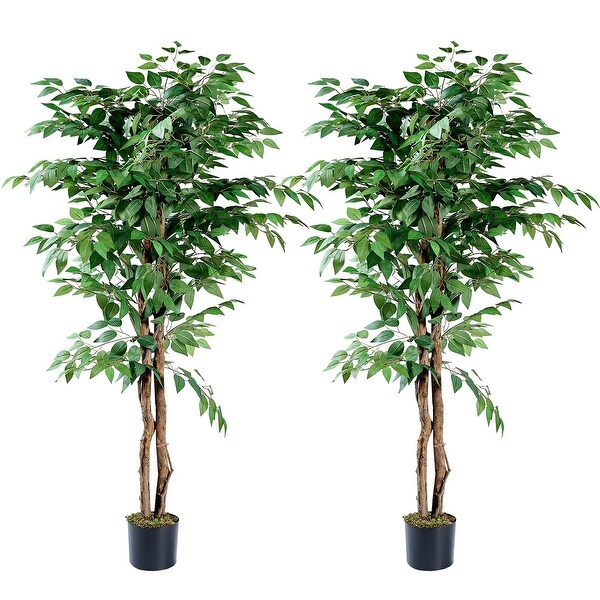 2 Pcs Artificial Ficus Tree in Pot Set，Faux Ficus Plant，Fake PFicus Tree for Home Décor