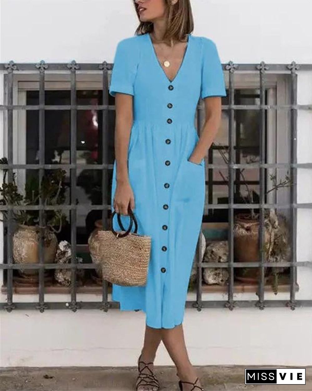 Solid Short Sleeve Button  Midi Dress